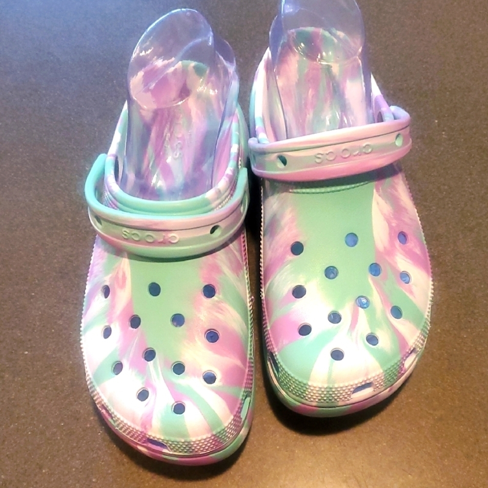 CROCS Pink/Purple, Green Marbeled Sz. 10 Platform Mules, Clogs NWOT